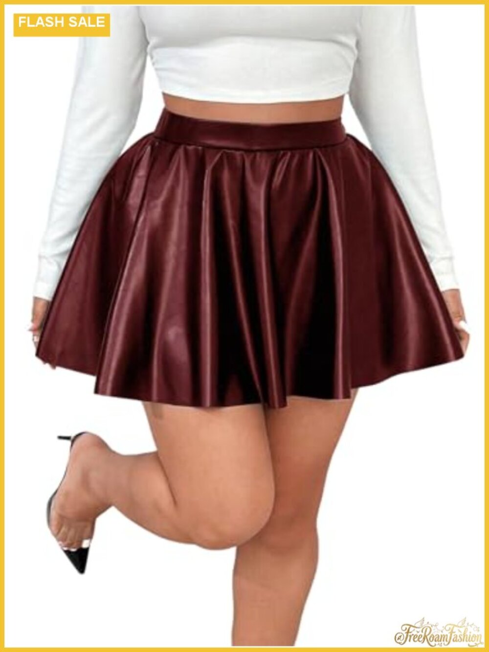 Plus Size Faux Leather Flared Short Skirt with Inner Pockets